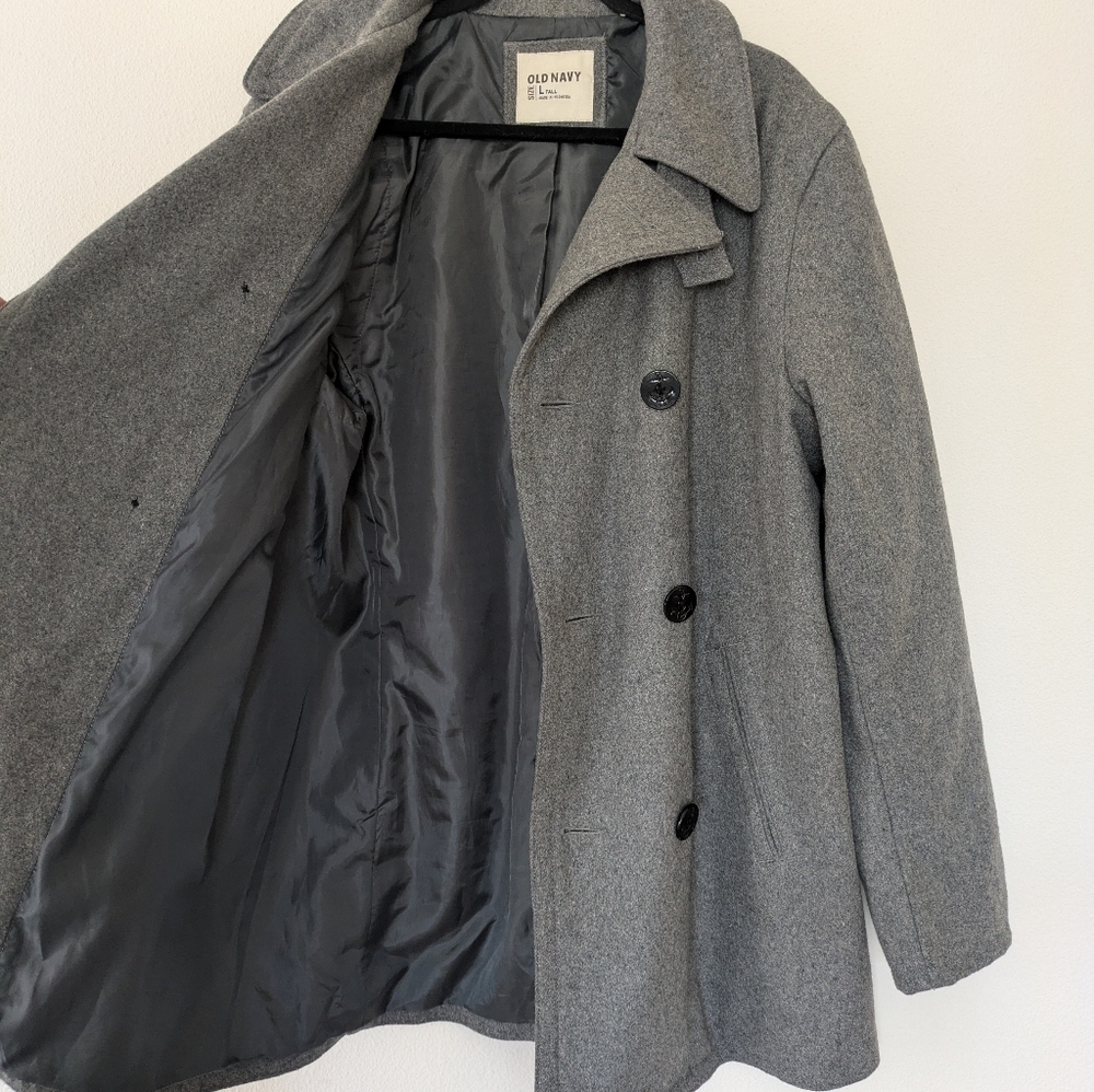 Vintage Old Navy Men's Wool Gray Double Breasted Peacoat size L Tall Classic - Picture 3 of 12